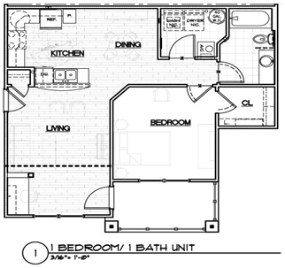 Floor plan for 1 bed, 1 bath, 770 sqft